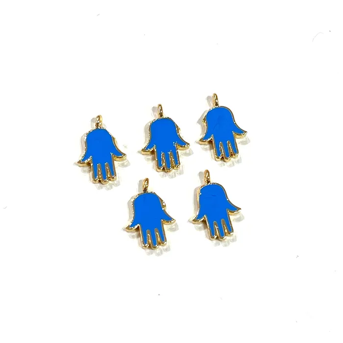 24Kt Gold Plated Brass Blue Enamelled Hamsa Charms 5 pcs in a pack Peppy Beads Earrings 24Kt Gold Plated Brass Blue Enamelled Hamsa Charms 5 pcs in a pack Peppy Beads Earrings