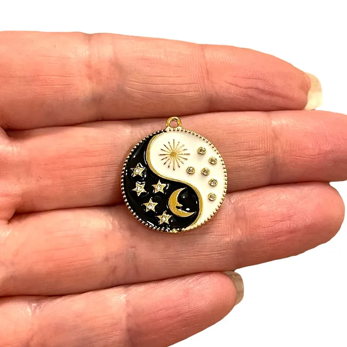 24Kt Gold Plated DayNight Enamelled Charm Black and White Yin Yang Charm With CZ Micro pave Peppy Beads Charm Necklaces 24Kt Gold Plated DayNight Enamelled Charm Black and White Yin Yang Charm With CZ Micro pave Peppy Beads Charm Necklaces