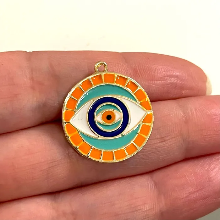 24Kt Gold Plated Orange Enamelled Brass Evil Eye Pendant Peppy Beads Necklaces