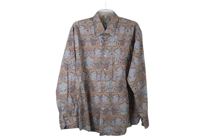 Alan Flusser Tan Blue Pattern Long Sleeved Button Down XL Alan Flusser Rings