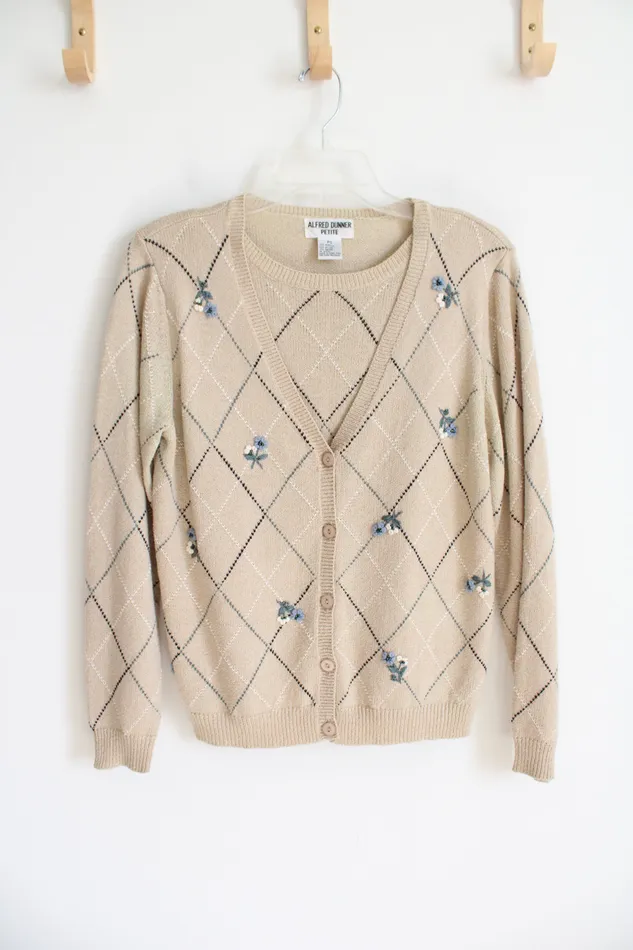 Alfred Dunner Rings Alfred Dunner Vintage Blue Floral Argyle Tan Cardigan Sweater S Petite
