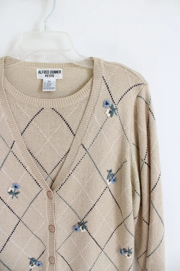 Alfred Dunner Rings Alfred Dunner Vintage Blue Floral Argyle Tan Cardigan Sweater S Petite