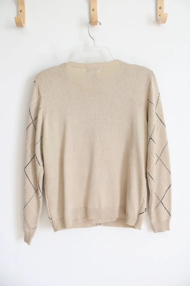 Alfred Dunner Rings Alfred Dunner Vintage Blue Floral Argyle Tan Cardigan Sweater S Petite