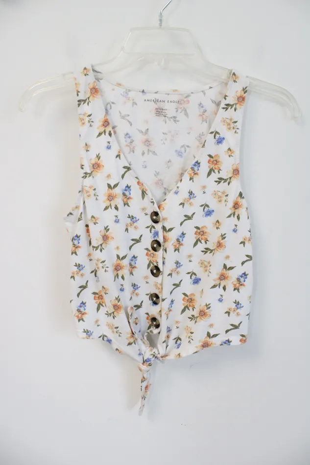 American Eagle Orange Blue Floral Tied Cropped Tank XS American Eagle Rings