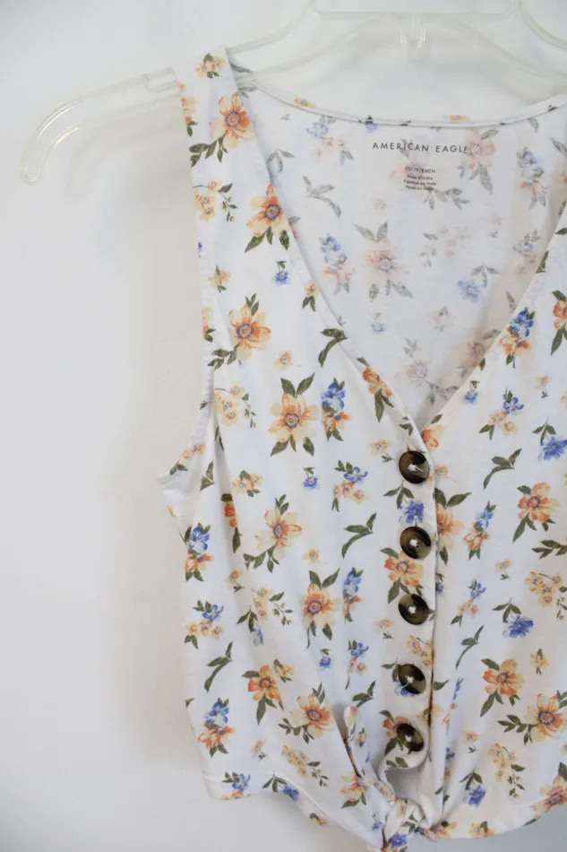 American Eagle Orange Blue Floral Tied Cropped Tank XS American Eagle Rings