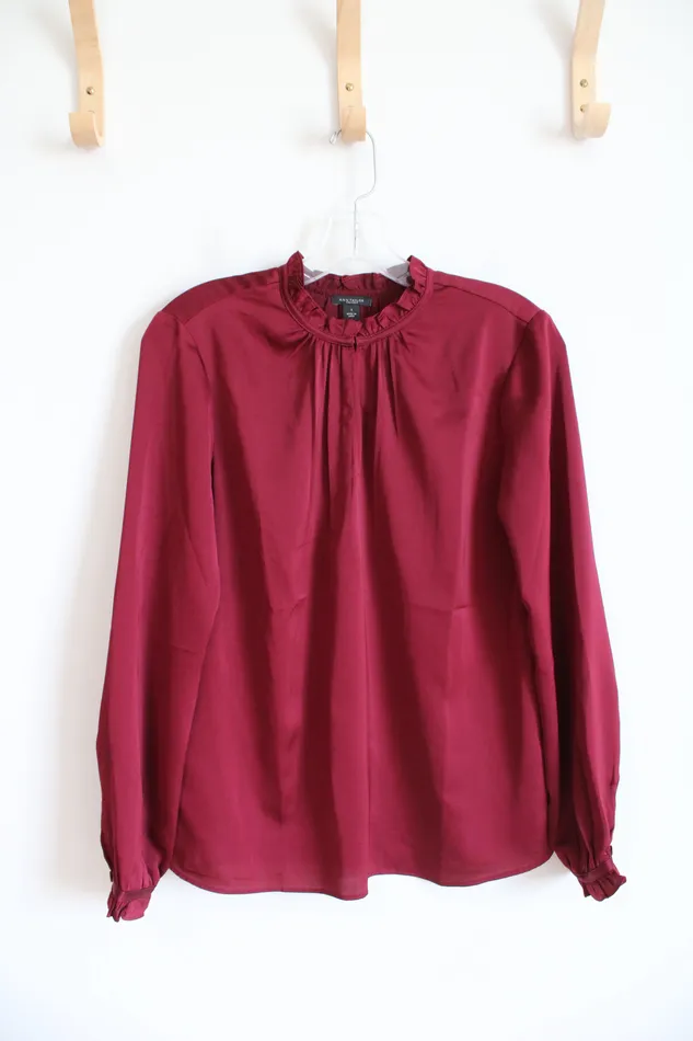 Ann Taylor LOFT Earrings Ann Taylor Wine Red Silky Ruffled Neck Long Sleeved Top S Ann Taylor LOFT Earrings Ann Taylor Wine Red Silky Ruffled Neck Long Sleeved Top S