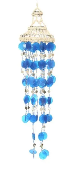 BAMBOOSOURCETR Earrings Cream Capiz Shell Cobalt Mirror Glass Wind Chime