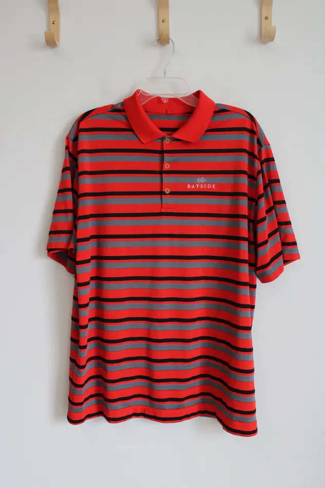 Bayside Rings Bayside Red Black Gray Striped Polo Shirt XL