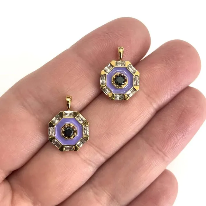 Charm Necklaces 24Kt Gold Plated CZ Micro Pave Lilac Enamelled Charm Peppy Beads Charm Necklaces 24Kt Gold Plated CZ Micro Pave Lilac Enamelled Charm Peppy Beads