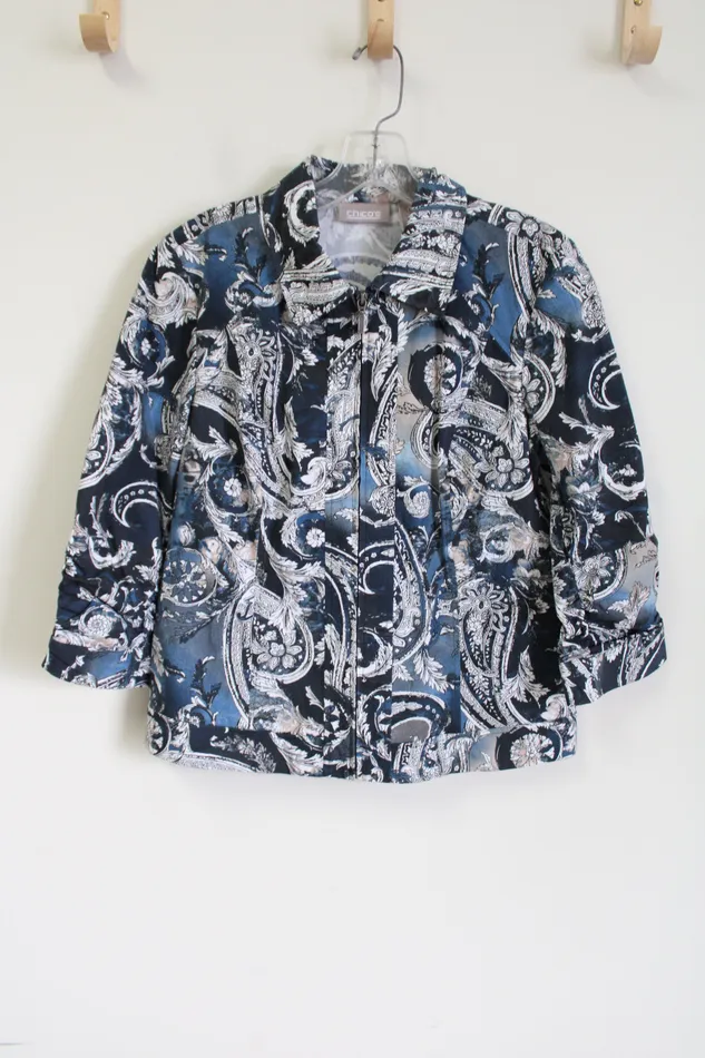 Chicos Necklaces Chicos Blue Tan Paisley Zip Down Light Jacket 0 S
