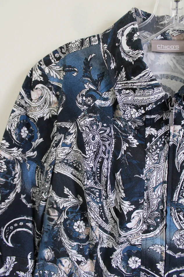 Chicos Necklaces Chicos Blue Tan Paisley Zip Down Light Jacket 0 S
