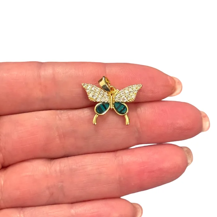 CZ Butterfly Charm Waterproof 24Kt Gold Plated Stainless Steel CZ Pendant With Attached Bail Peppy Beads Necklaces