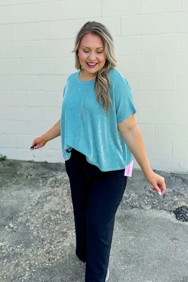 DEAL Sasha Ribbed Stripe Top Light Teal Zenana Necklaces