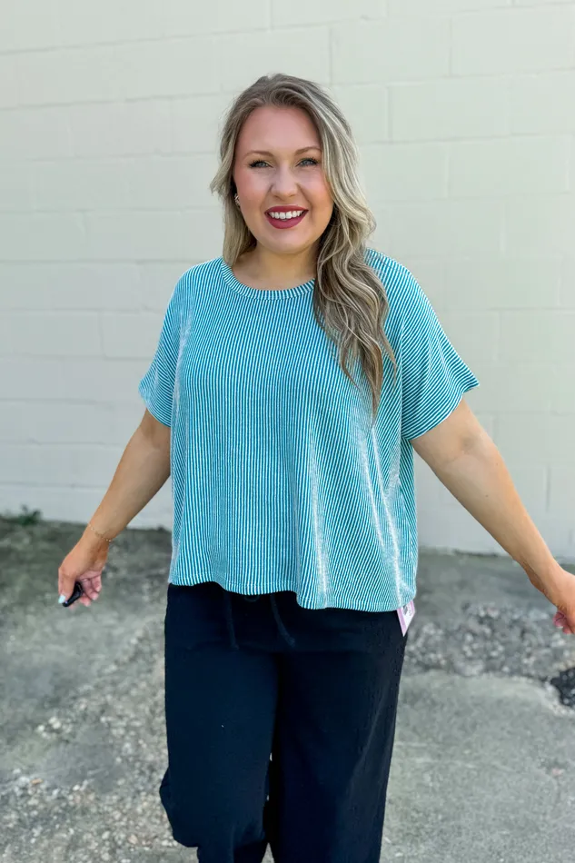 DEAL Sasha Ribbed Stripe Top Light Teal Zenana Necklaces