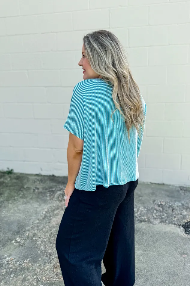 DEAL Sasha Ribbed Stripe Top Light Teal Zenana Necklaces