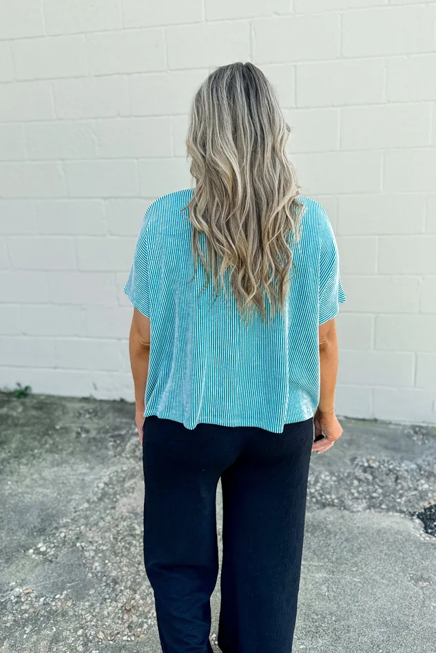 DEAL Sasha Ribbed Stripe Top Light Teal Zenana Necklaces