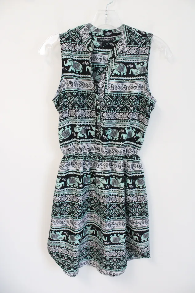 Derek Heart Mint Green Black White Elephant Patterned Dress S Derek Heart Rings