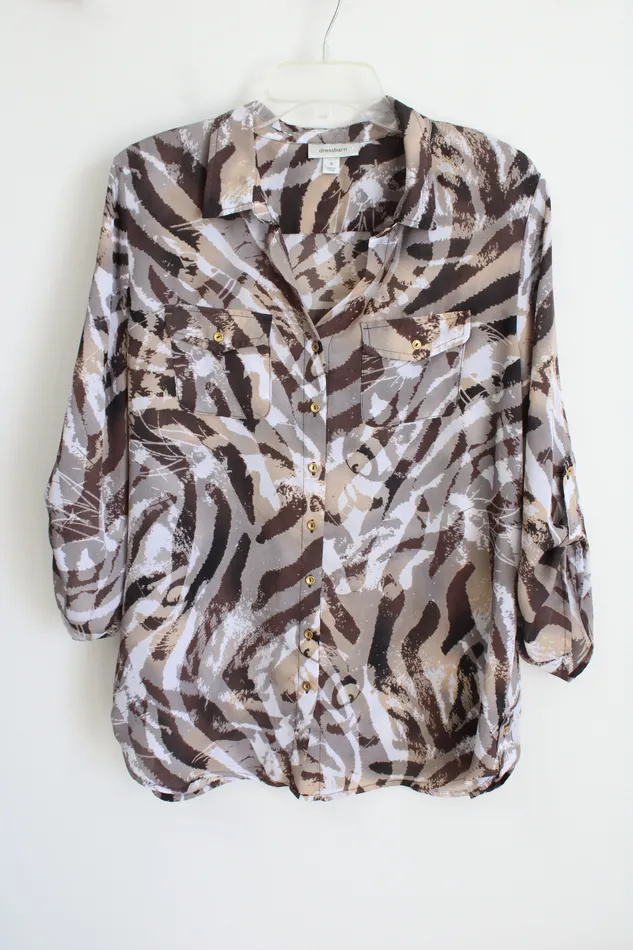 Dressbarn Earrings Dressbarn HalfSleeve Brown Swirl Button Down Blouse XL