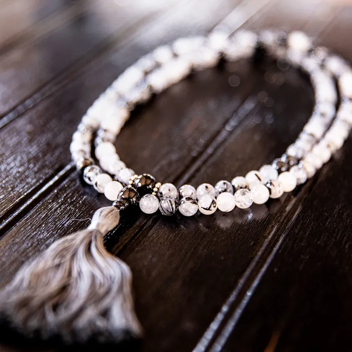 Drukomalas Necklaces Tourmalated Quartz with Black Onyx Mala