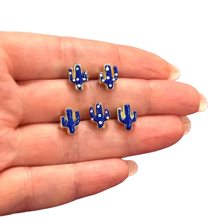 Earrings 24Kt Gold Plated Double Side Enamelled Cactus Charms 5 pcs in a pack Peppy Beads