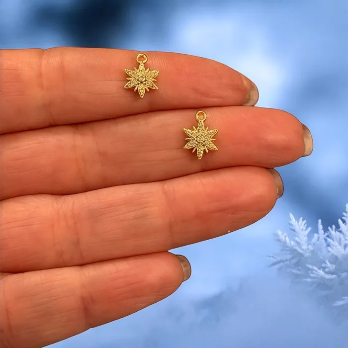 Earrings 24Kt Gold Plated Snowflake Charms With Clear CZ 2 pcs in a pack Peppy Beads Earrings 24Kt Gold Plated Snowflake Charms With Clear CZ 2 pcs in a pack Peppy Beads