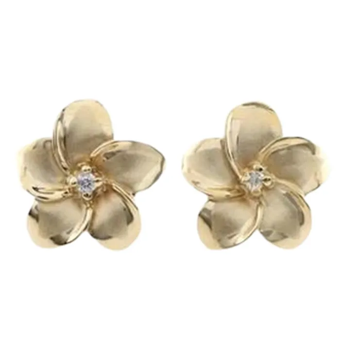 Earrings Island Fine Jewelry 14K Gold Plumeria Earrings with Diamond or Cubic Zirconia Accents