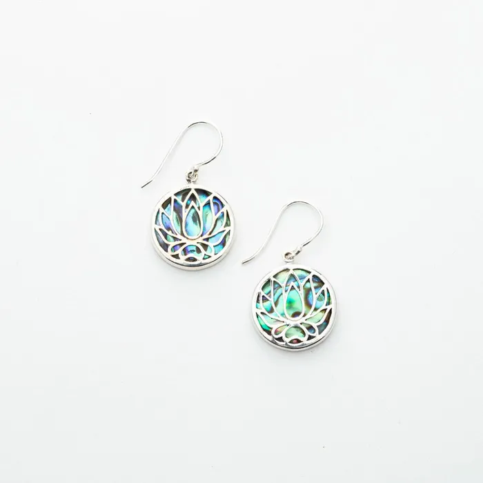 Earrings Lotus Flower with Paua Shell Round Dangle Earrings in Sterling Silver Tiger Mountain