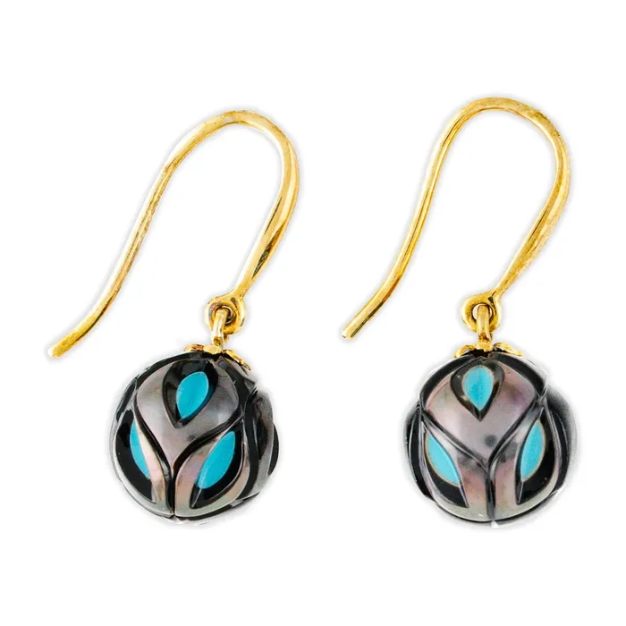 Earrings TROPICALCREATIO 14K Gold Tahitian Pearl and Turquoise Bead Earrings Earrings TROPICALCREATIO 14K Gold Tahitian Pearl and Turquoise Bead Earrings