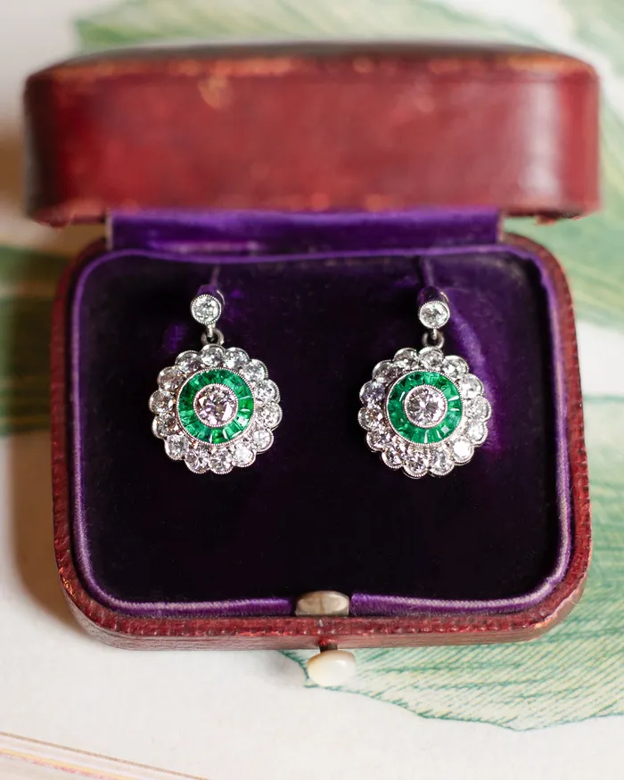 Estate Platinum 160 CTW Diamond and Emerald Dangle Earrings Dover Jewelry Diamonds Earrings