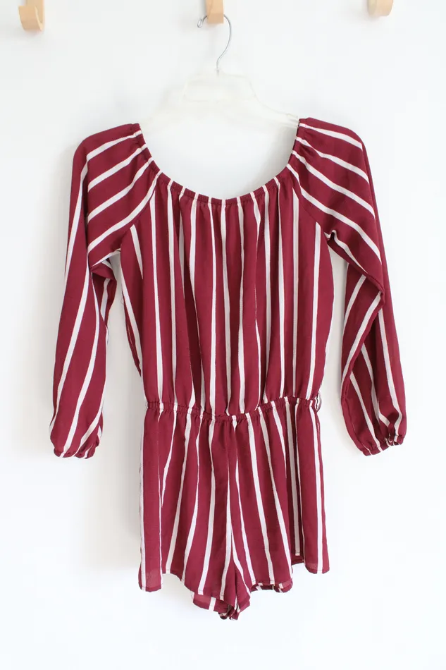 Forever 21 Rings Forever 21 Maroon White Striped Long Sleeved Romper M