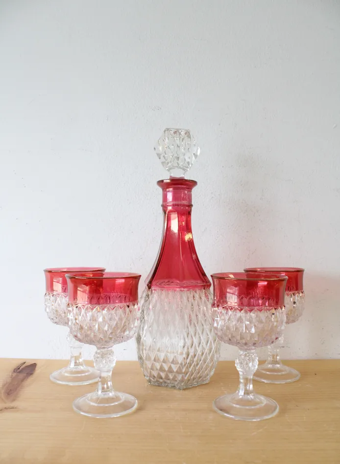 Indiana Glass Vintage Indiana Glass Ruby Red Diamond Point Decanter 4 Goblets Earrings Indiana Glass Vintage Indiana Glass Ruby Red Diamond Point Decanter 4 Goblets Earrings
