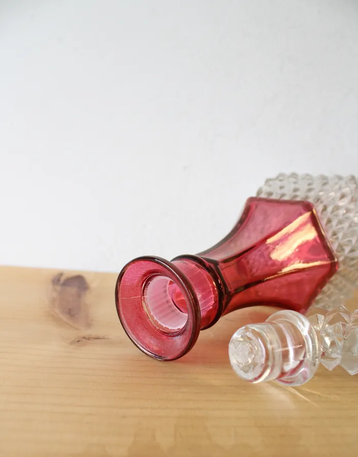 Indiana Glass Vintage Indiana Glass Ruby Red Diamond Point Decanter 4 Goblets Earrings