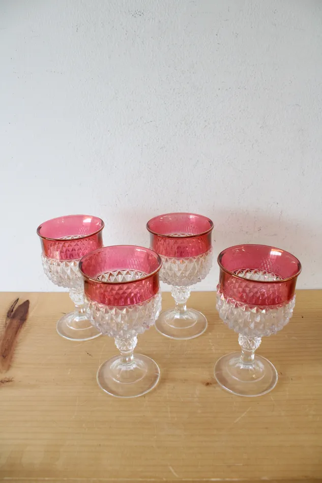 Indiana Glass Vintage Indiana Glass Ruby Red Diamond Point Decanter 4 Goblets Earrings