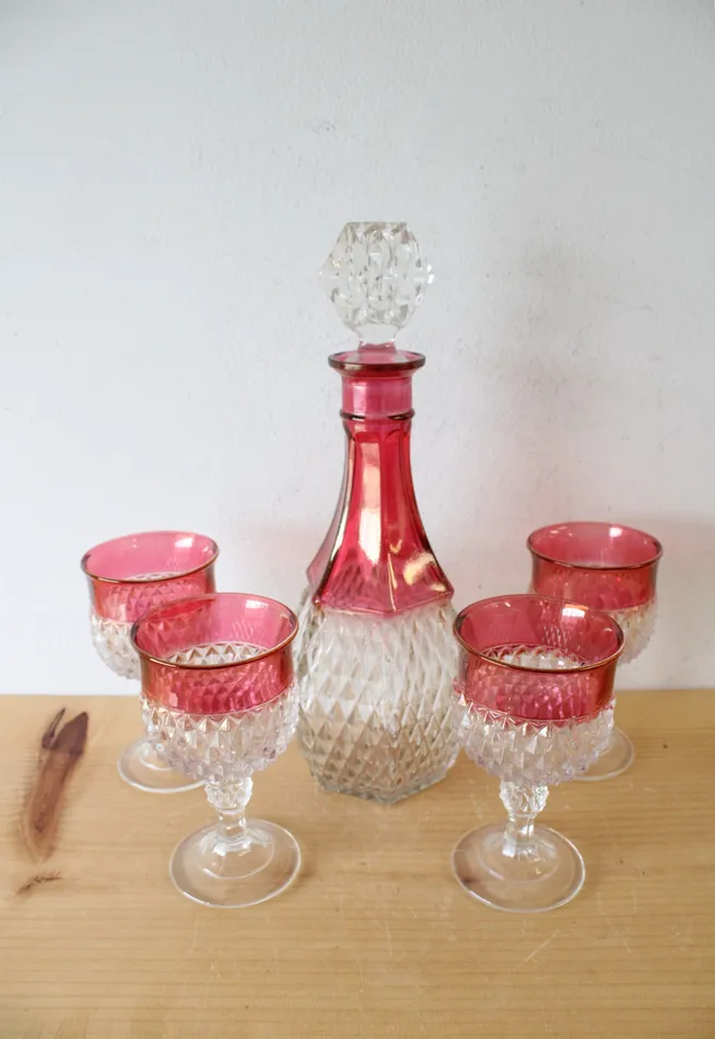 Indiana Glass Vintage Indiana Glass Ruby Red Diamond Point Decanter 4 Goblets Earrings