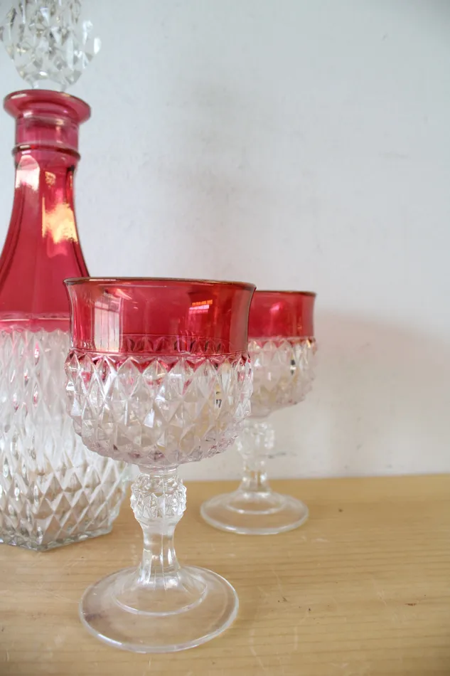 Indiana Glass Vintage Indiana Glass Ruby Red Diamond Point Decanter 4 Goblets Earrings