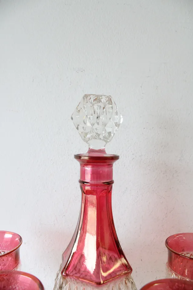 Indiana Glass Vintage Indiana Glass Ruby Red Diamond Point Decanter 4 Goblets Earrings