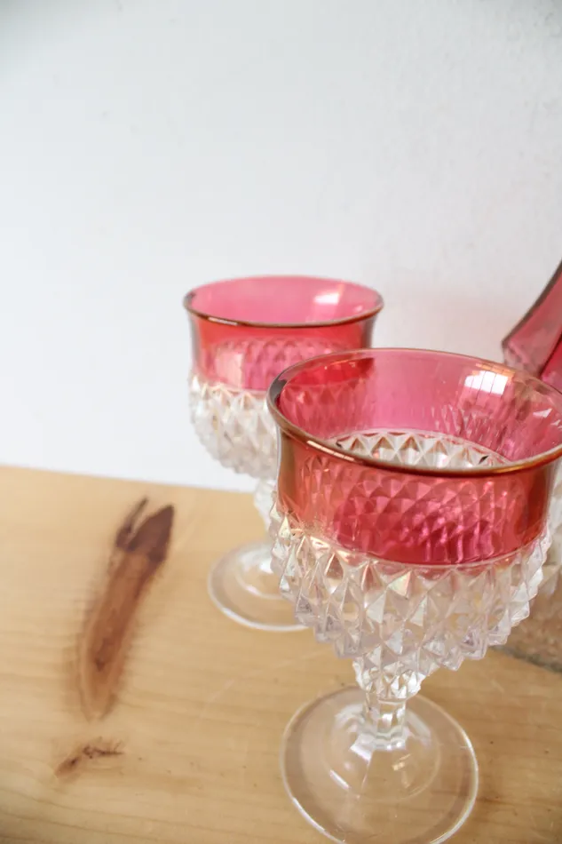 Indiana Glass Vintage Indiana Glass Ruby Red Diamond Point Decanter 4 Goblets Earrings
