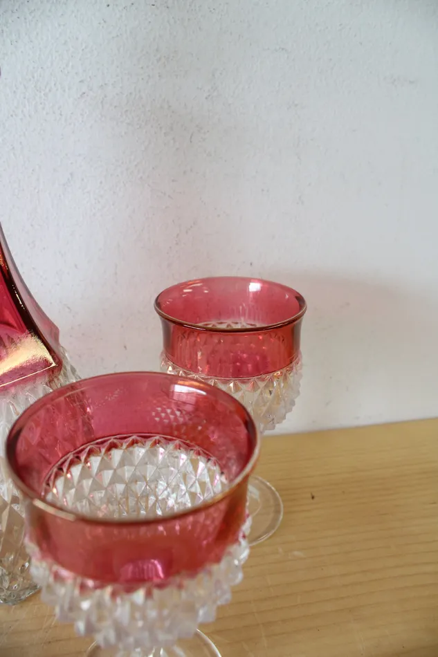 Indiana Glass Vintage Indiana Glass Ruby Red Diamond Point Decanter 4 Goblets Earrings