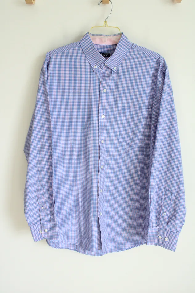Izod Pink Blue Plaid Button Down Shirt L Izod Rings