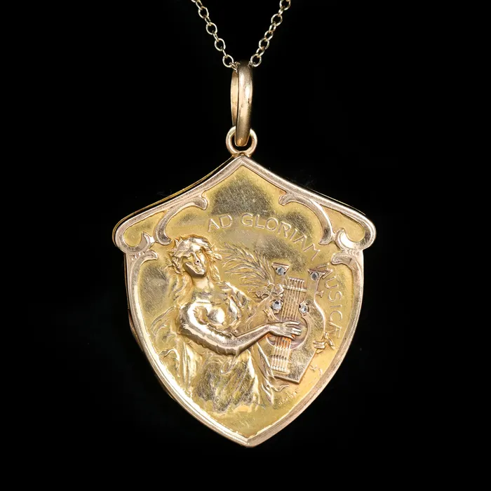 Jack Pritchard Necklaces Art Nouveau 18K Yellow Gold and Rose Cut Diamond Ad Gloriam Musica Locket Jack Pritchard Necklaces Art Nouveau 18K Yellow Gold and Rose Cut Diamond Ad Gloriam Musica Locket
