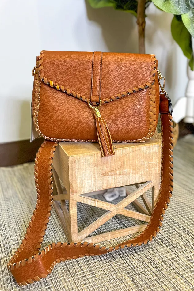 Jen Co Necklaces Cam Crossbody Handbag With Whipstitch Flap Over Tassel Brown