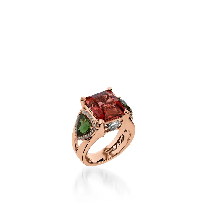 John Atencio Rings Signature Pink Tourmaline Green Tourmaline and Diamond Ring in Rose Gold John Atencio Rings Signature Pink Tourmaline Green Tourmaline and Diamond Ring in Rose Gold