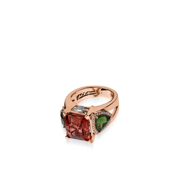 John Atencio Rings Signature Pink Tourmaline Green Tourmaline and Diamond Ring in Rose Gold John Atencio Rings Signature Pink Tourmaline Green Tourmaline and Diamond Ring in Rose Gold