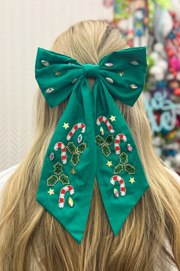 JOSSLYN FAIRE Christmas Candy Cane Bow Hair Clip Green Necklaces