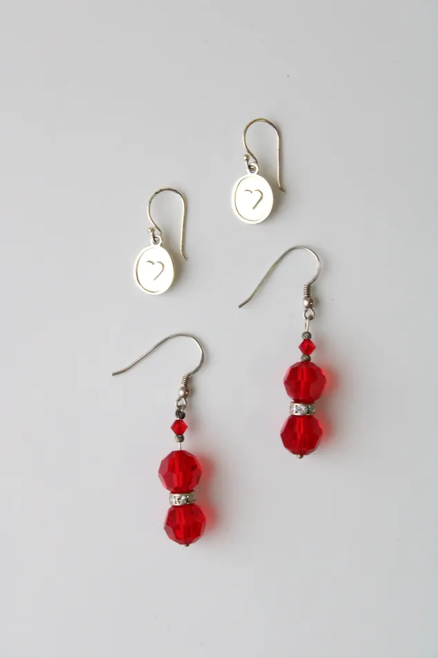 Jubilee Thrift Earrings Red Beaded Heart Dangle Earring Pair