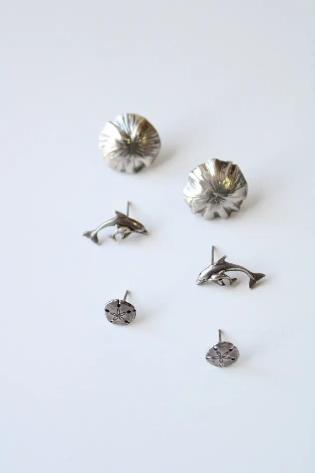 Jubilee Thrift Earrings Sterling Silver 3 Pair Dolphin Shell Sand Dollar Earrings