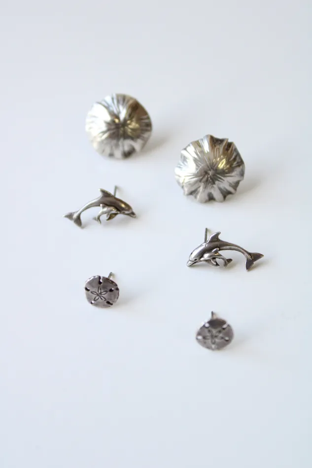 Jubilee Thrift Earrings Sterling Silver 3 Pair Dolphin Shell Sand Dollar Earrings