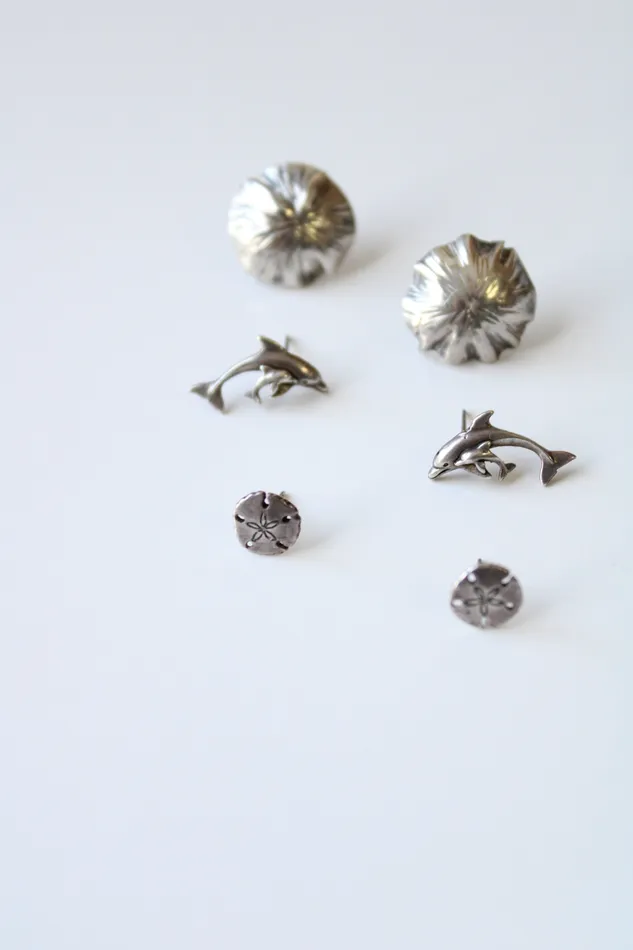 Jubilee Thrift Earrings Sterling Silver 3 Pair Dolphin Shell Sand Dollar Earrings