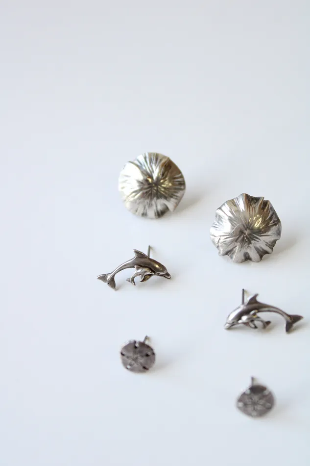 Jubilee Thrift Earrings Sterling Silver 3 Pair Dolphin Shell Sand Dollar Earrings