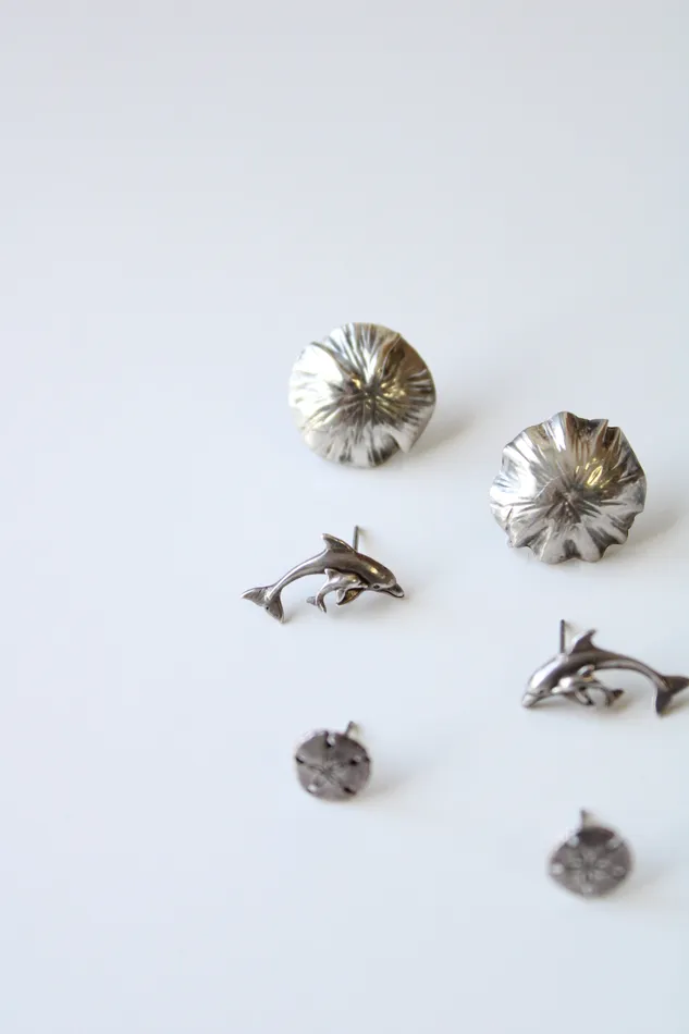 Jubilee Thrift Earrings Sterling Silver 3 Pair Dolphin Shell Sand Dollar Earrings